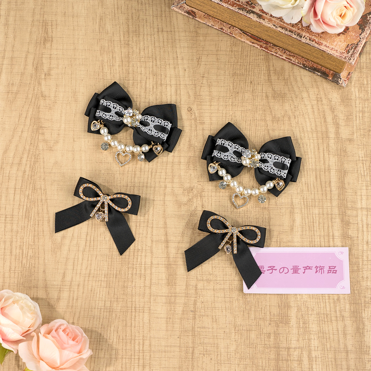 日系手作蝴蝶结花盘珍珠链发夹