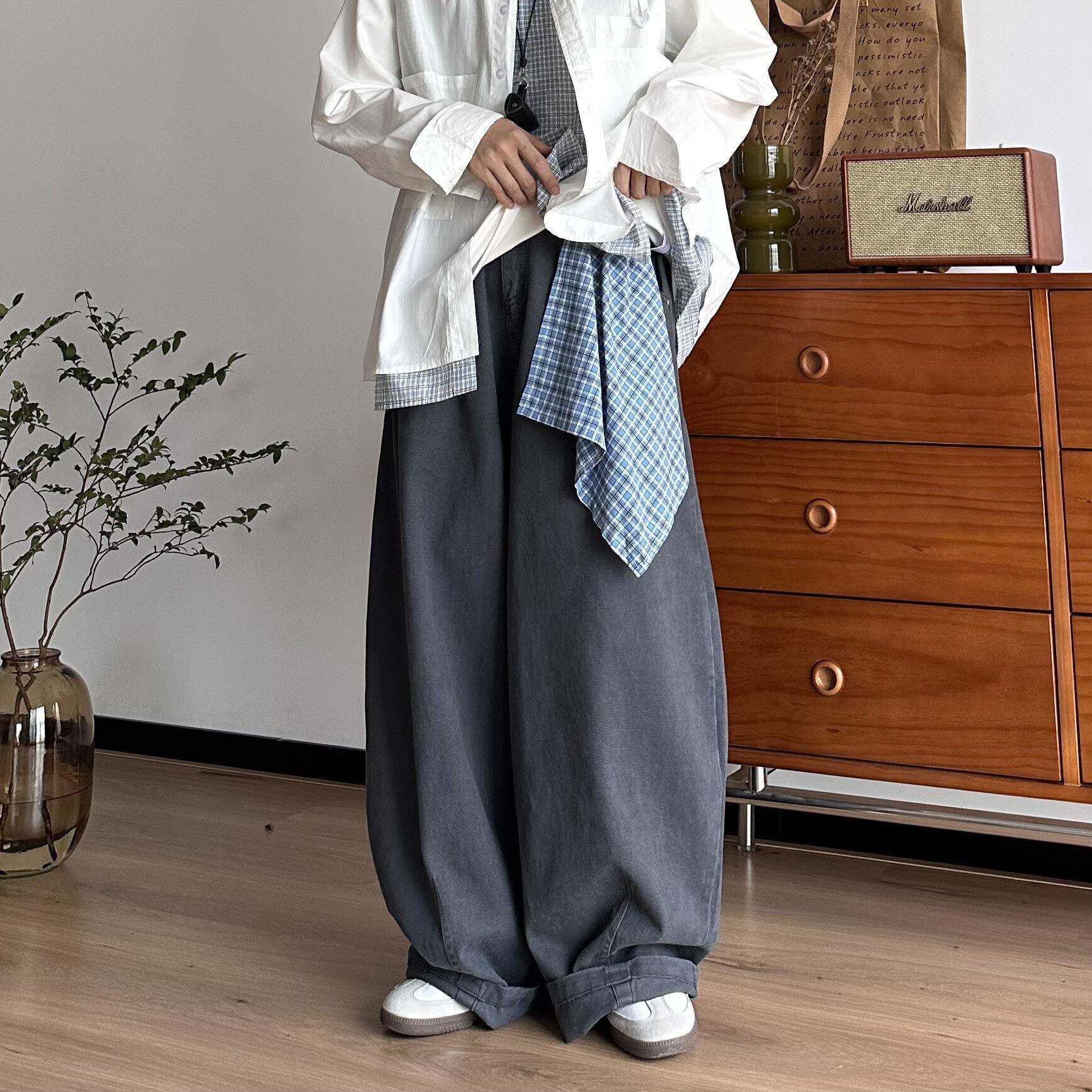 B东日系男装秋冬格子方巾装饰水洗棉质感纯色中性阔腿弯刀长裤