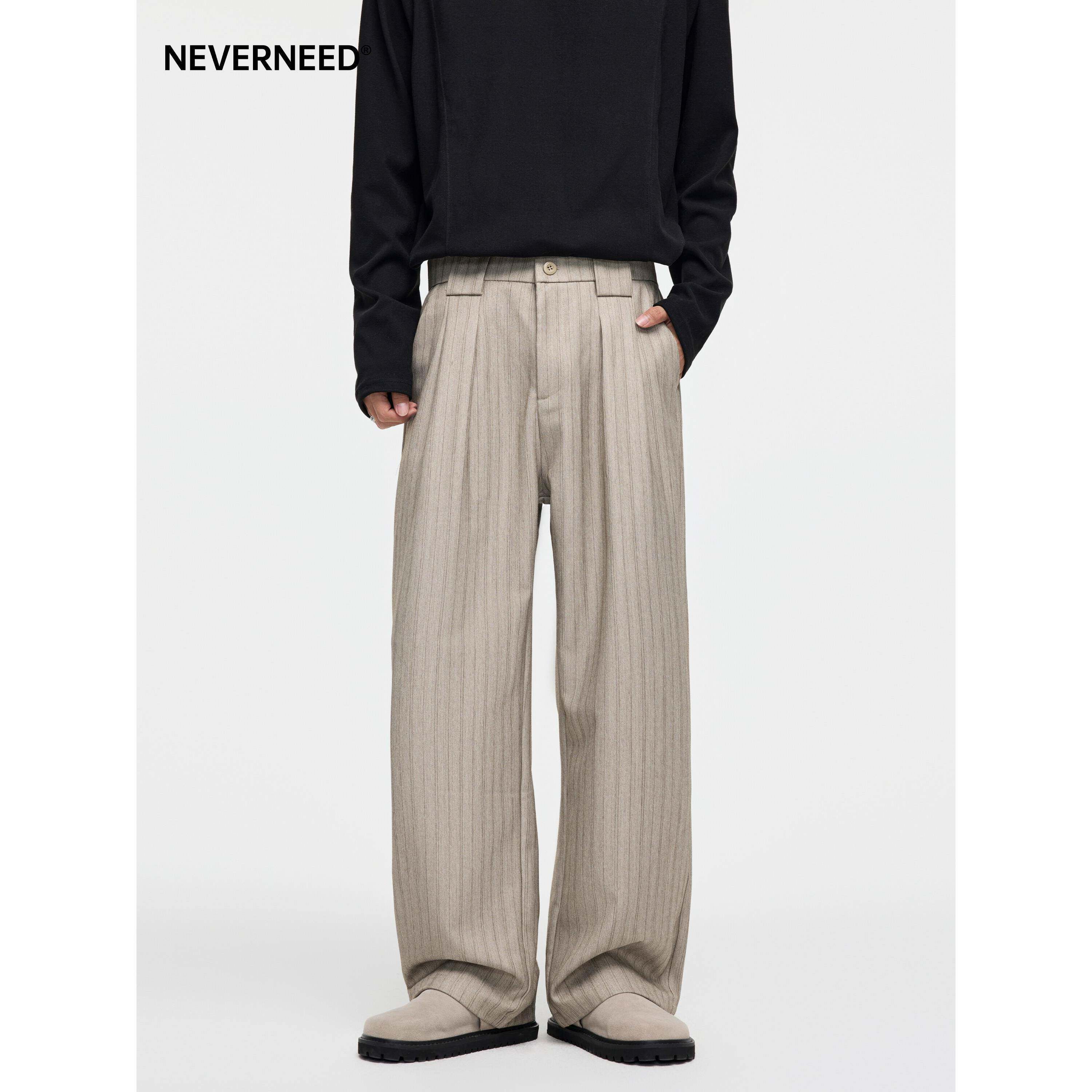 NEVERNEED条纹宽松休闲西装裤男女秋季美式覆古慵懒风简约阔腿裤