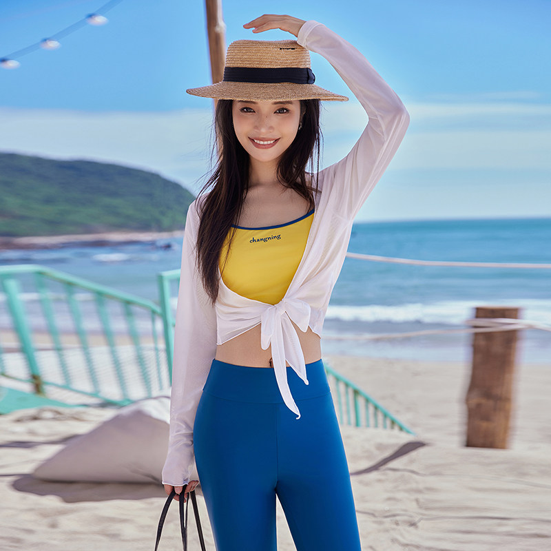 青春运动风泳衣女多巴胺长袖雪纺罩衫长裤分体三件套温泉度假泳装