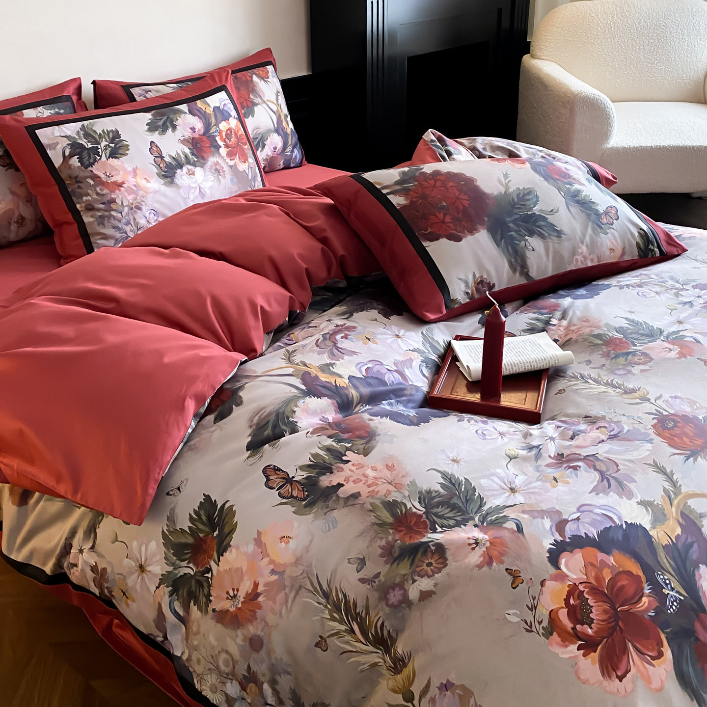 田园复古风全棉数码印花四件套纯棉春夏红色婚庆床单被套床上用品,床上用品,床品套件/四件套/多件套,淘宝优惠券,粉丝福利购,淘宝优惠卷