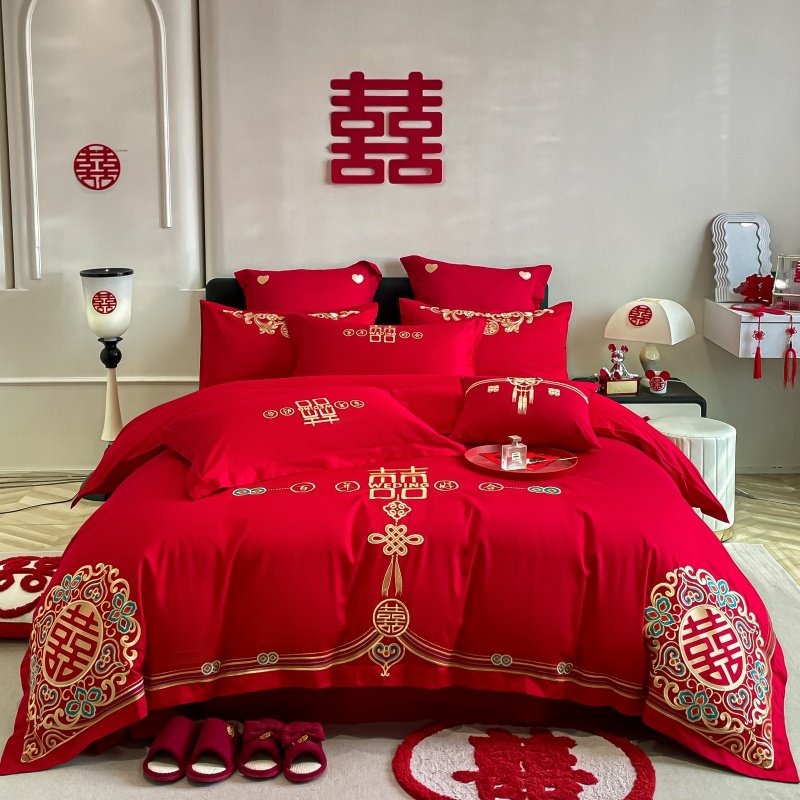 高端长绒棉结婚四件套新婚床品全棉刺绣红色婚庆喜庆套件,床上用品,婚庆床品套件,淘宝优惠券,粉丝福利购,淘宝优惠卷