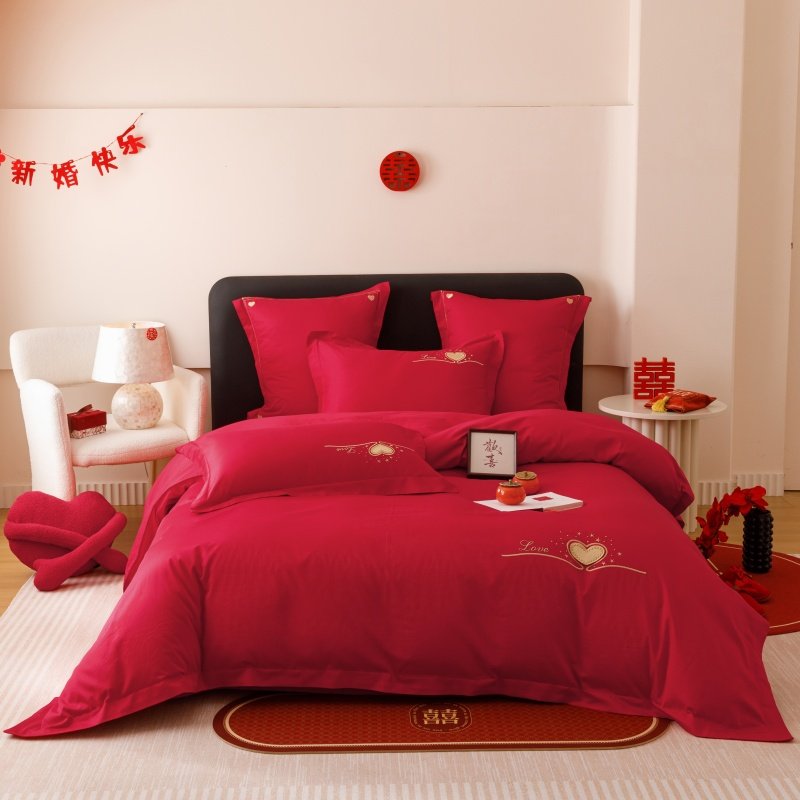 全棉婚庆刺绣四件套长绒棉结婚床上用品纯棉新婚大红色