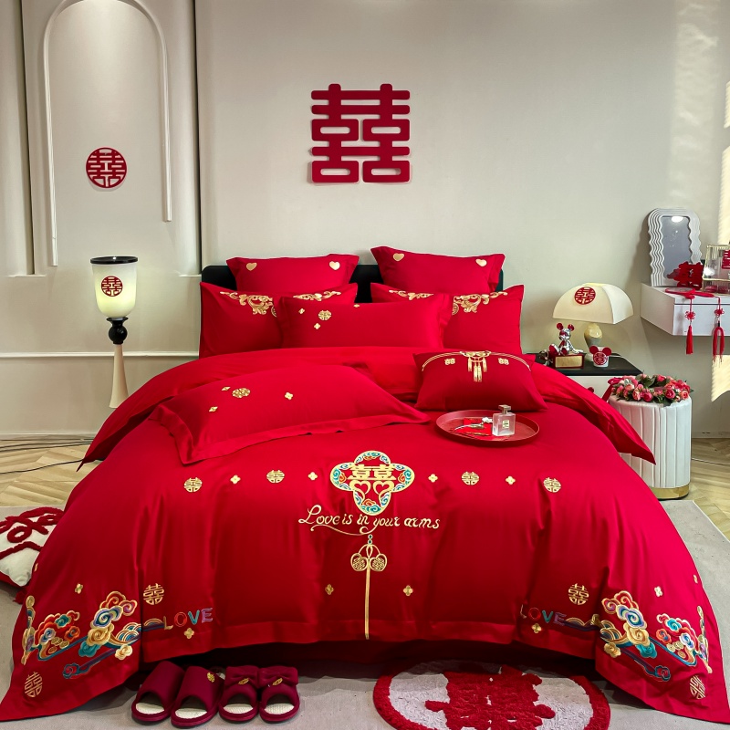 大红全棉刺绣婚庆床品