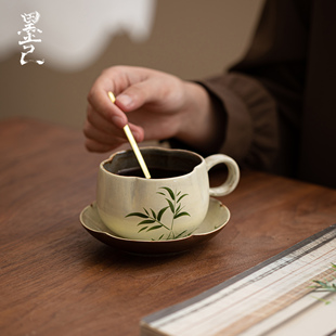 墨己粉引手绘翠竹陶瓷花口水杯办公室女士喝水杯咖啡杯早餐杯茶杯