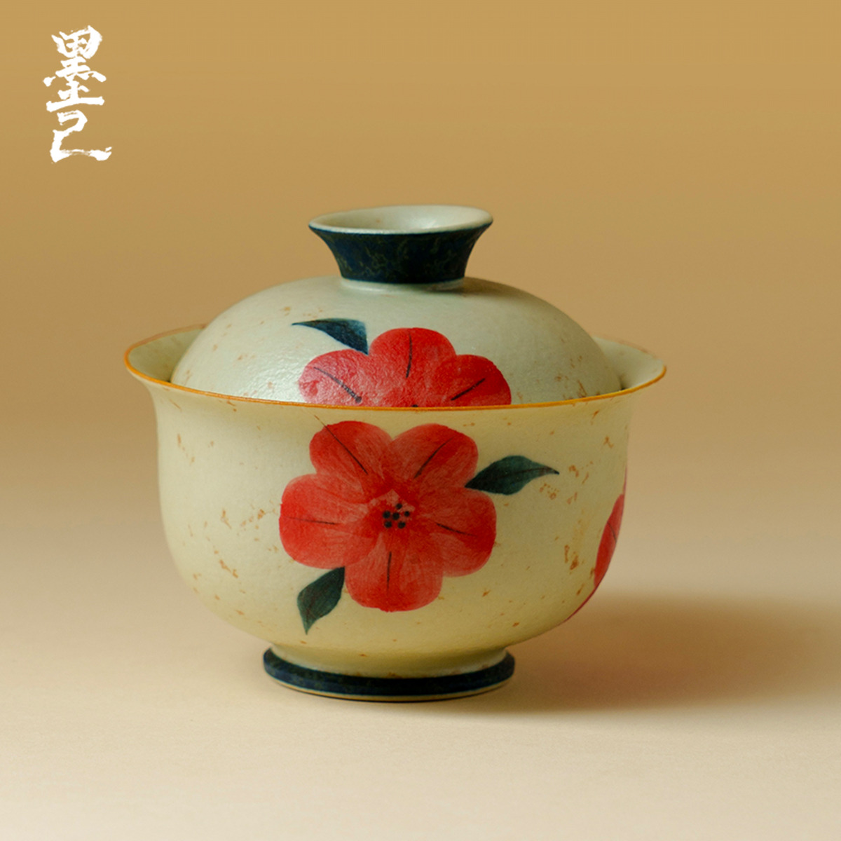 墨己釉下手绘绯花圆肚盖碗家用手工泡茶碗个人喝茶碗高档陶瓷茶具