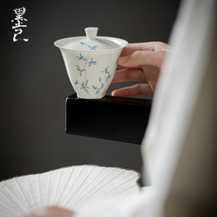 墨家盖碗玉瓷手绘兰花有方带盖泡茶碗家用日式青花防烫手白瓷茶杯