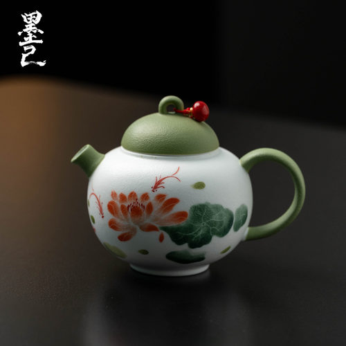 东方美学功夫茶壶单把水壶莲华清露手绘陶瓷清新治愈高颜值小茶具
