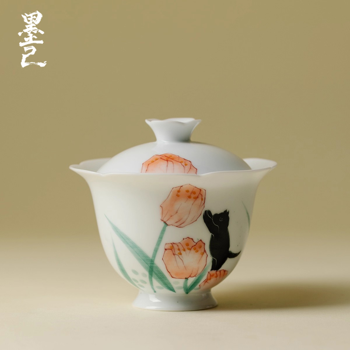 墨己高档轻奢玉泥绯花黑猫念露二才盖碗女士专用泡茶碗陶瓷不烫手