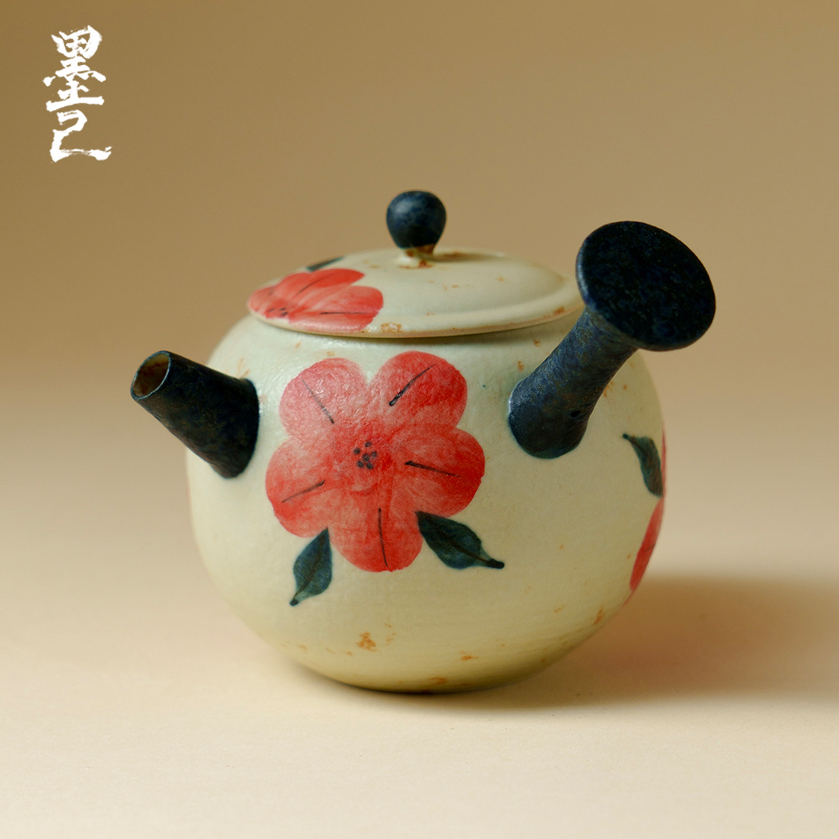 墨己陶瓷手绘绯花福禄侧把壶家用手工耐高温泡茶壶喝茶壶精致茶具