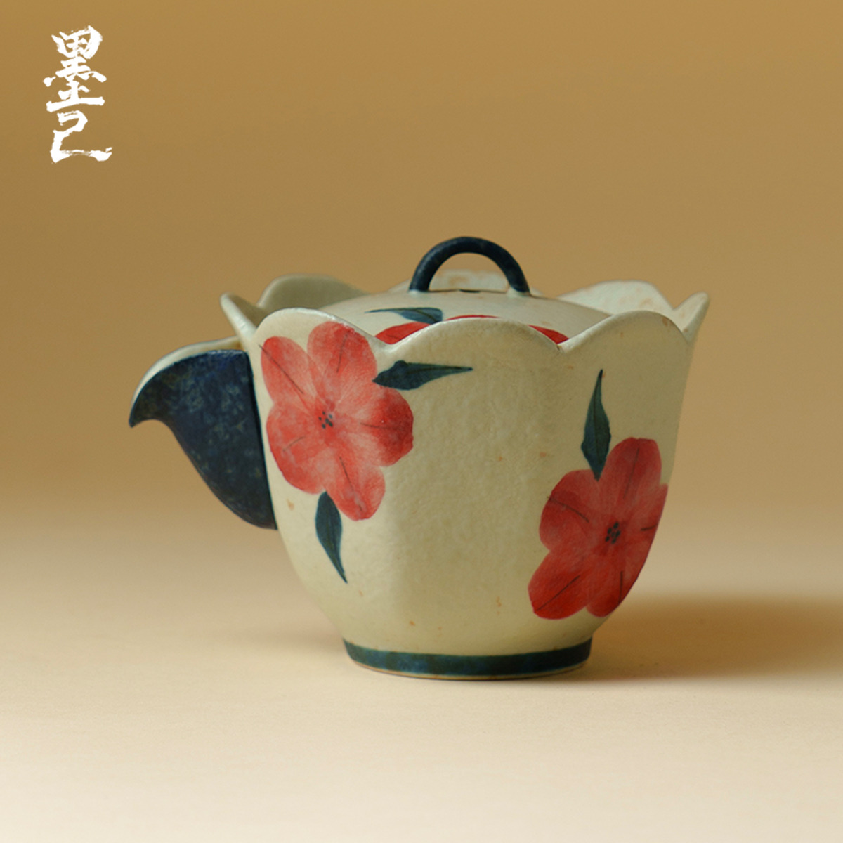 墨己古白手绘绯花八方创意手抓壶家用泡茶壶青花火石红单壶防烫手