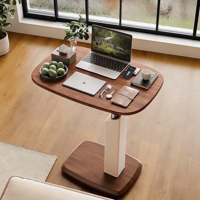 中古风床边桌可移动升降电脑桌客厅沙发边几茶几小桌子床头边桌电脑桌C型角几马鞍皮卧室床头学习桌小型桌子