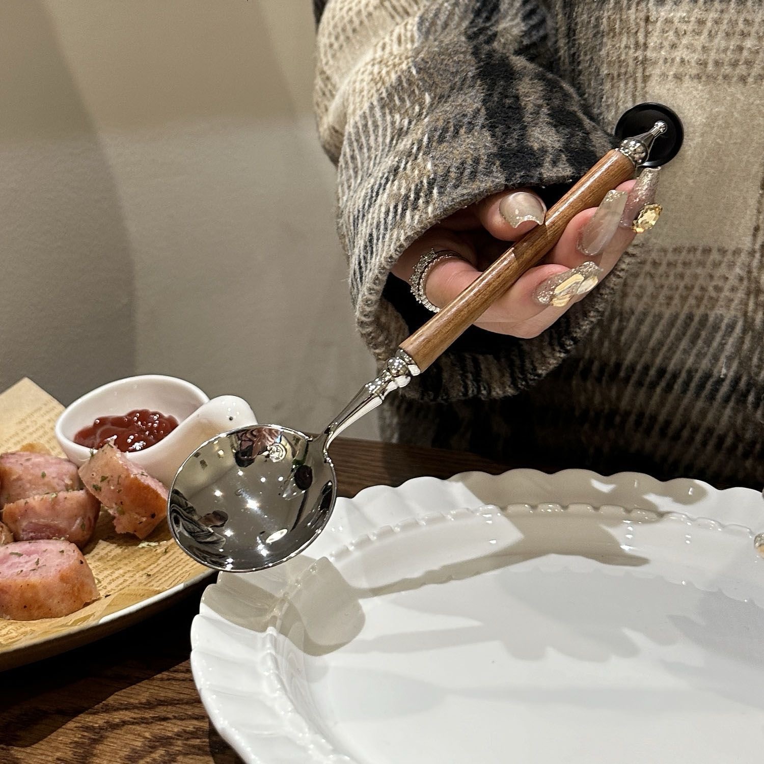 日式复古仿黄花梨木长柄圆头勺西餐甜品调羹汤勺家用吃饭勺子主餐