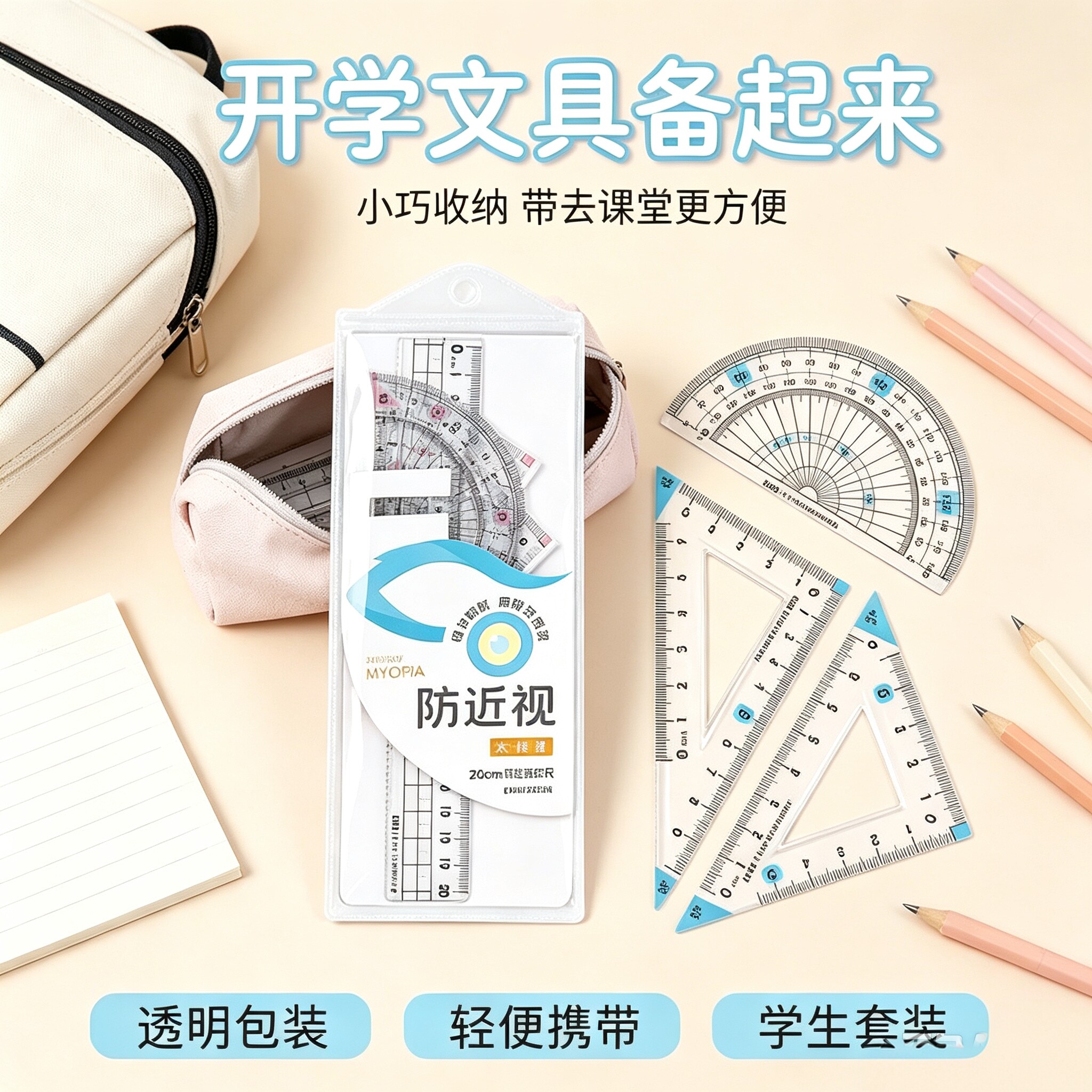护眼防近视四件套尺子小学生大数字波浪直尺三角板20cm考试绘图尺