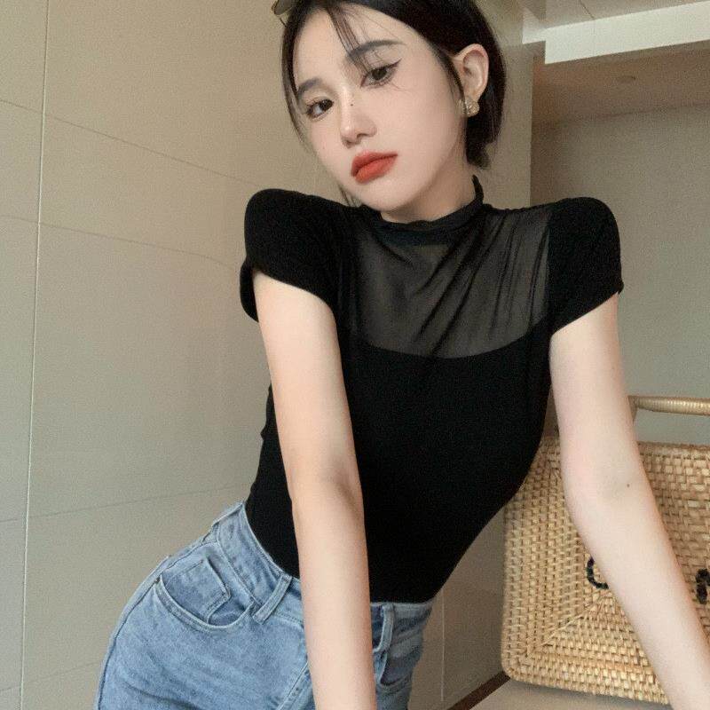 黑色网纱微透蕾丝拼接T恤设计感夏季新款辣妹修身时尚短袖上衣女