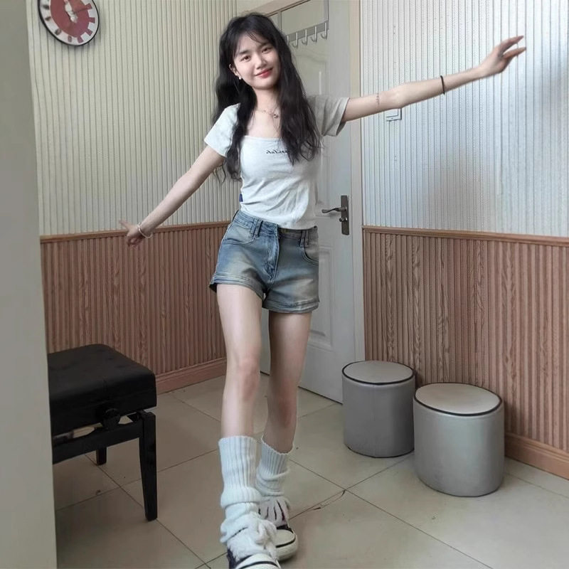 美式复古牛仔短裤女夏薄款高腰弹力显瘦a字辣妹直筒阔腿裤热裤潮