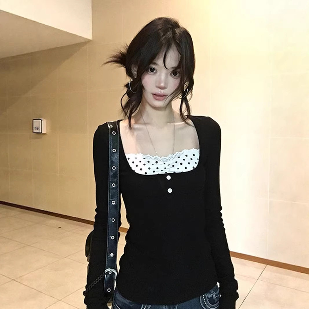 【260克人棉莫代尔】美式辣妹方领蕾丝波点修身假两件打底衫上衣