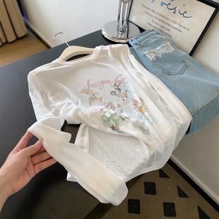 白色薄款微透印花长袖防晒罩衫T恤女爆款夏日绝美小上衣外贸批发