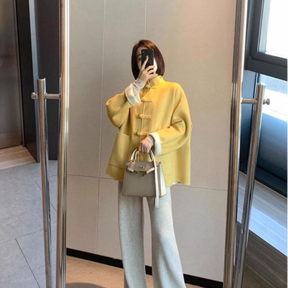 新中式国风黄色毛呢外套女秋冬休闲时尚宽松小个子百搭长袖上衣冬