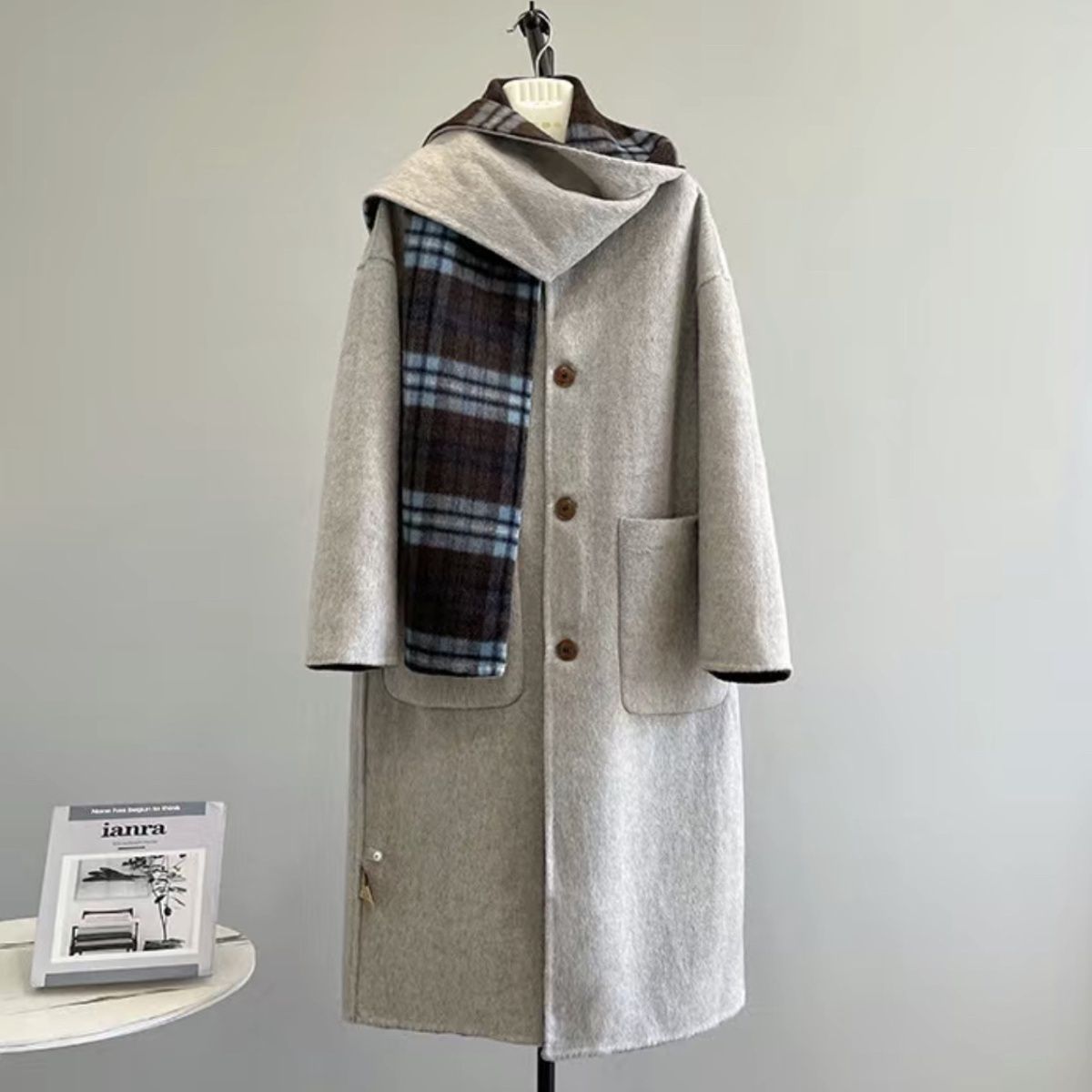 反季特价双面可穿复古格子双面羊毛大衣女中长款毛呢外套围巾款