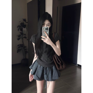 美高学院风辣妹半高领小飞袖正肩针织上衣格纹a字半裙春夏套装女