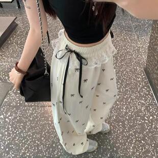 高腰拖地裤 美式 2025新款 女夏季 子 甜辣蝴蝶结蕾丝拼接阔腿休闲长裤
