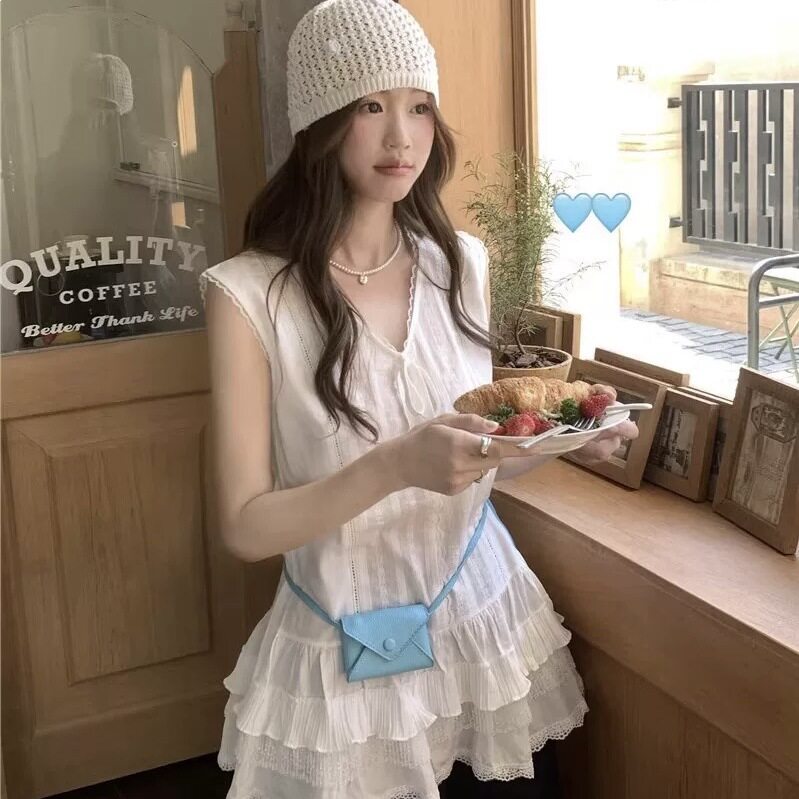 少女感甜美蕾丝蛋糕下摆无袖背心裙女春夏中长款叠穿宽松吊带上衣