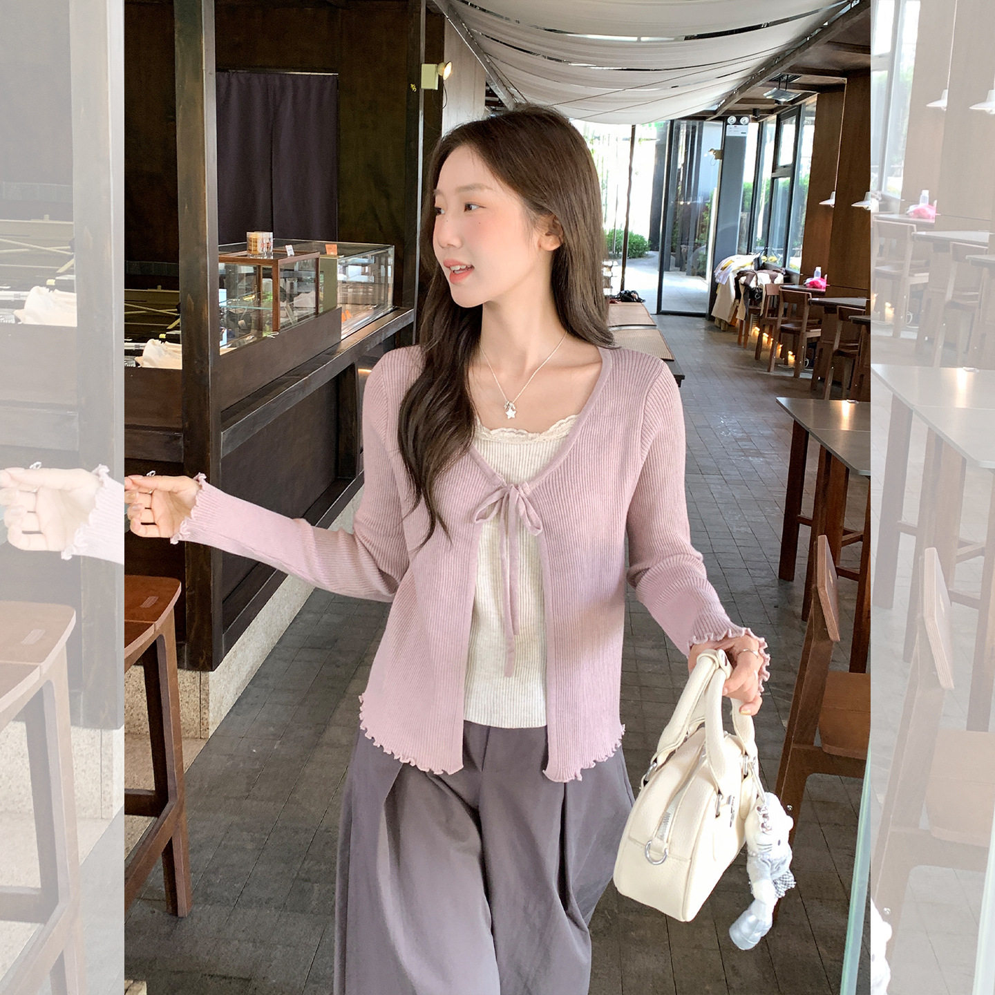 粉色蕾丝花边假两件设计感针织衫女2026秋冬修身打底内搭长袖上衣