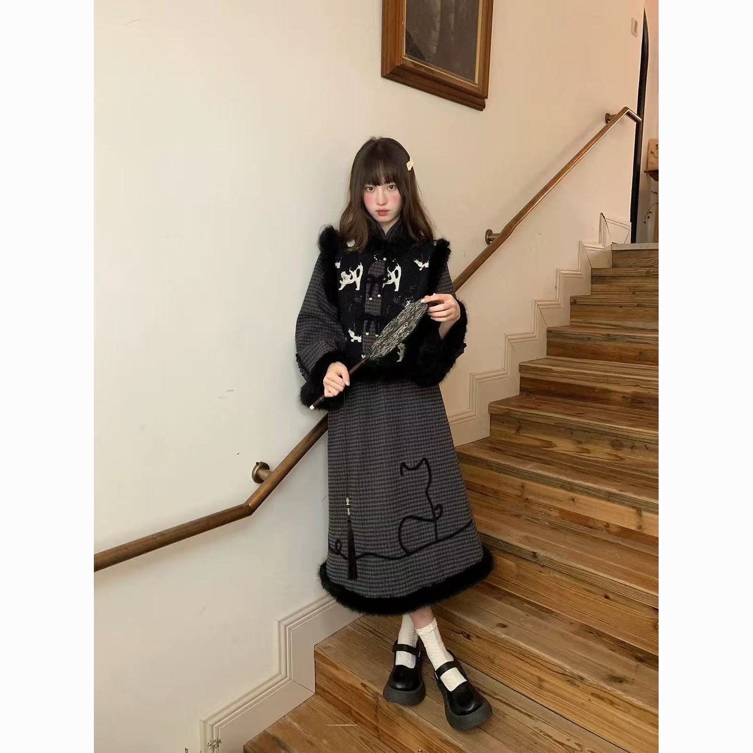 小众新中式改良猫咪外套女秋冬可爱慵懒毛绒国风温柔套装QD85800