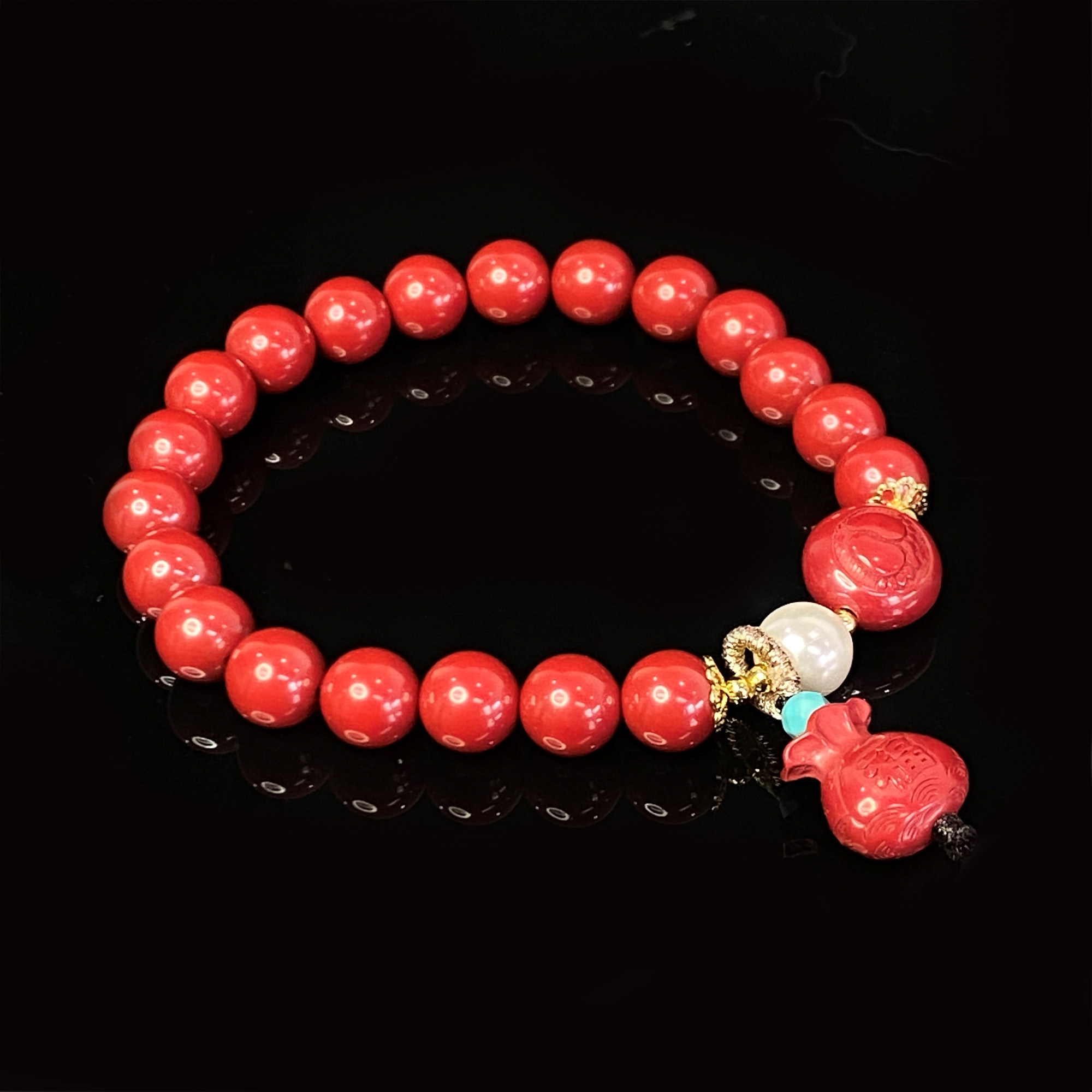安伯曼帝王砂朱砂圆珠踩小XX圆饼钱袋子吊坠覆膜珍珠手串8mm