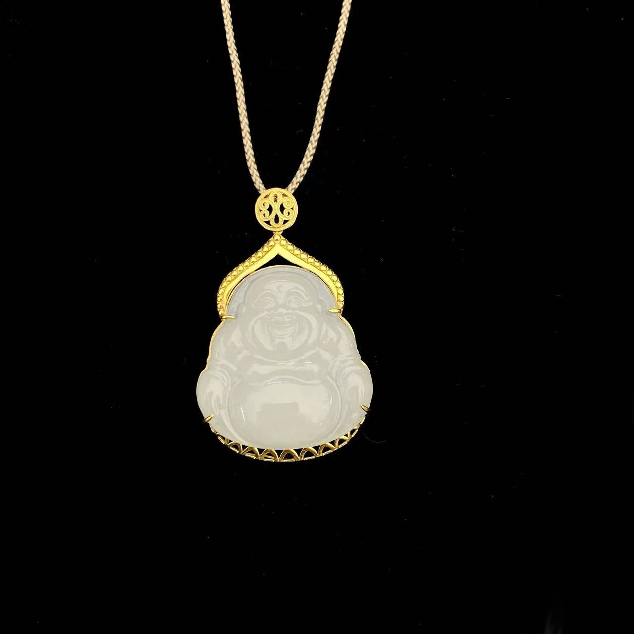 羊脂白玉观音18K金钻莲花如意扣编绳项链38*25*5mm/大肚佛28*29mm