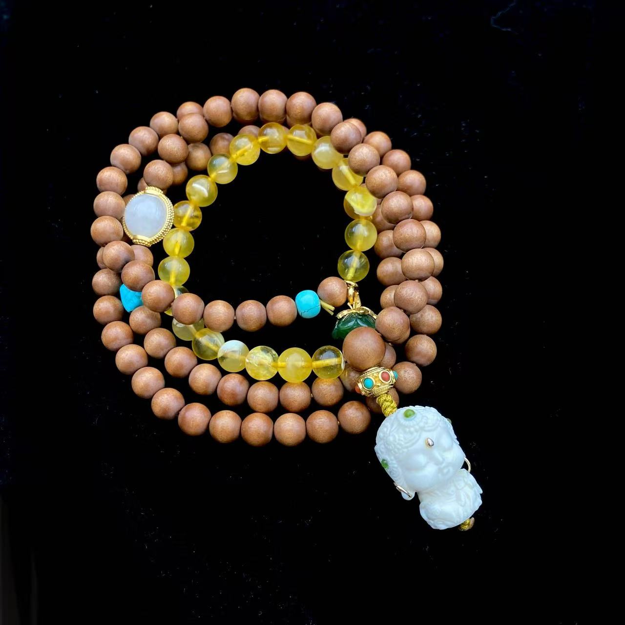 安伯曼湖北绿松黑肉沉水老山檀蜜蜡绿度母碧玉莲蓬多圈手串5-6mm