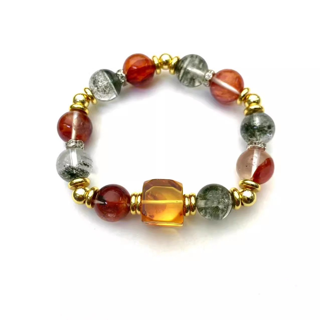 安伯曼花珀方糖胶水花绿幽灵千层雪镀金隔片满天星手串10mm左右