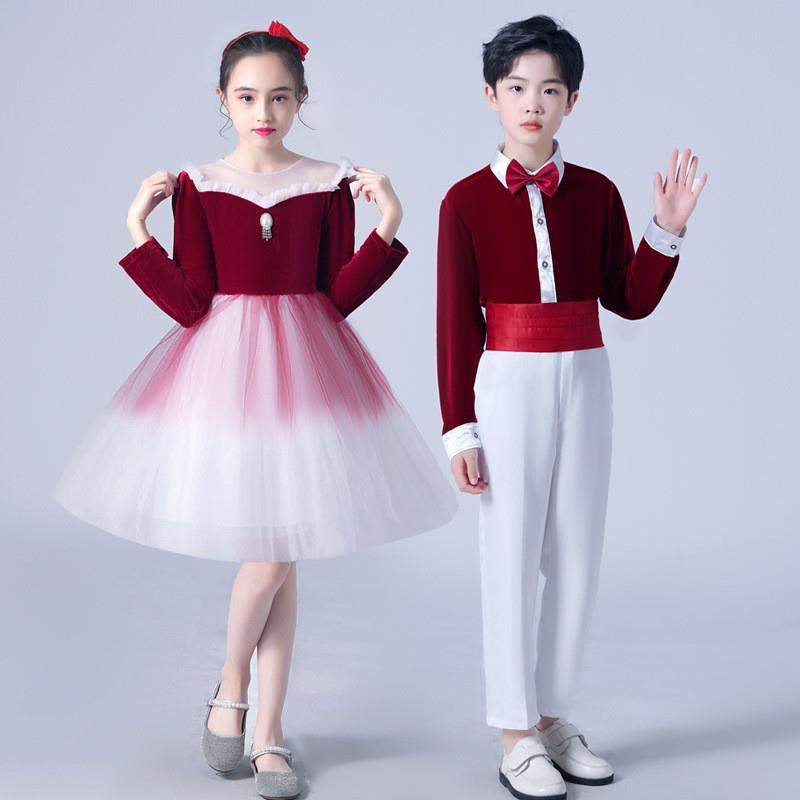 元旦儿童大合唱演出服红色礼服钢琴女童秋冬款口才男童小学生服装