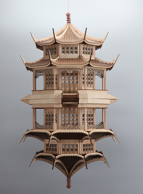 新中式创意古建筑镜像倒影八角塔样板房间售楼处酒店软装饰品摆件