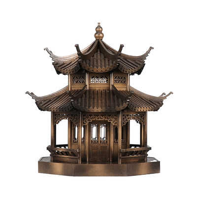 新中式禅意古铜色建筑中国风玄关柜茶桌八角凉亭样板间售楼部摆件