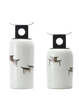 新中式风手绘水墨陶瓷罐软装饰品