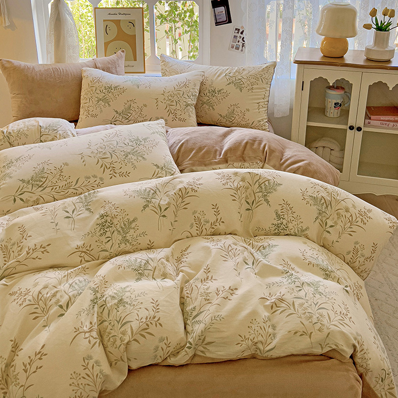 全棉加牛奶绒四件套AB面加绒保暖