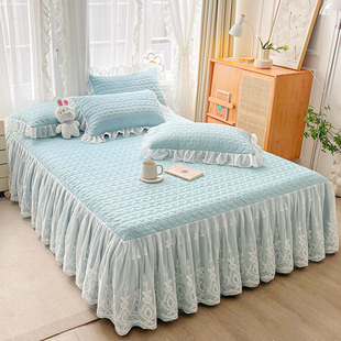 纯色夹棉床裙单件绗缝床单花边床罩四季 新款 通用床垫保护罩三件套