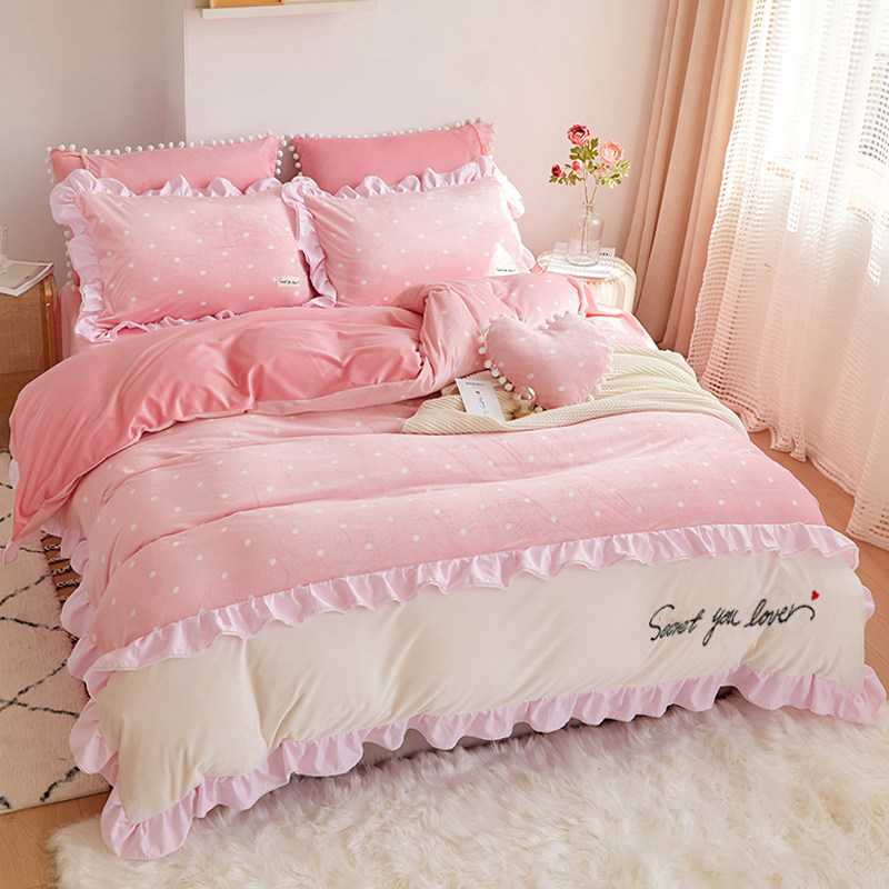 冬季双面珊瑚绒单件被套单双人法兰绒印花保暖毛绒荷叶边被罩加绒