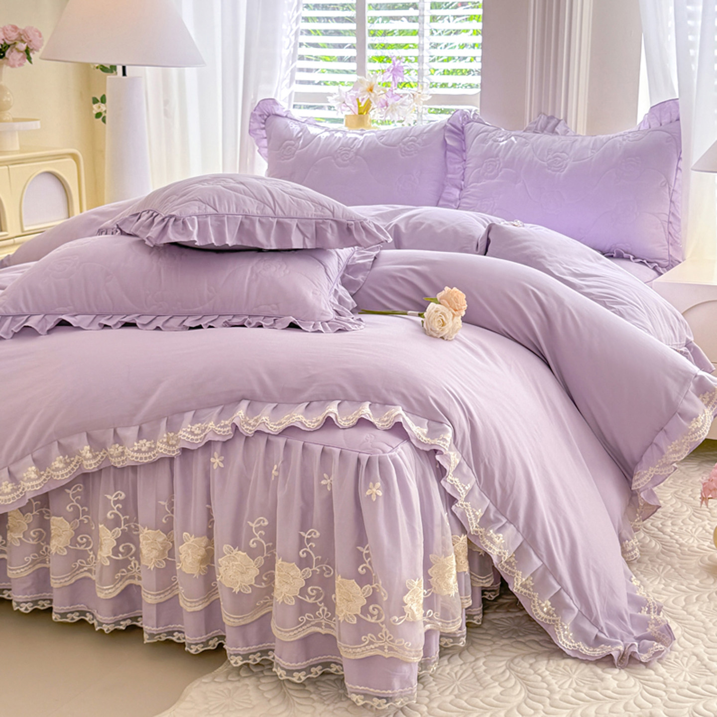 全棉夹棉床裙四件套纯棉紫色公主风荷叶花边被套床罩四季通用床品