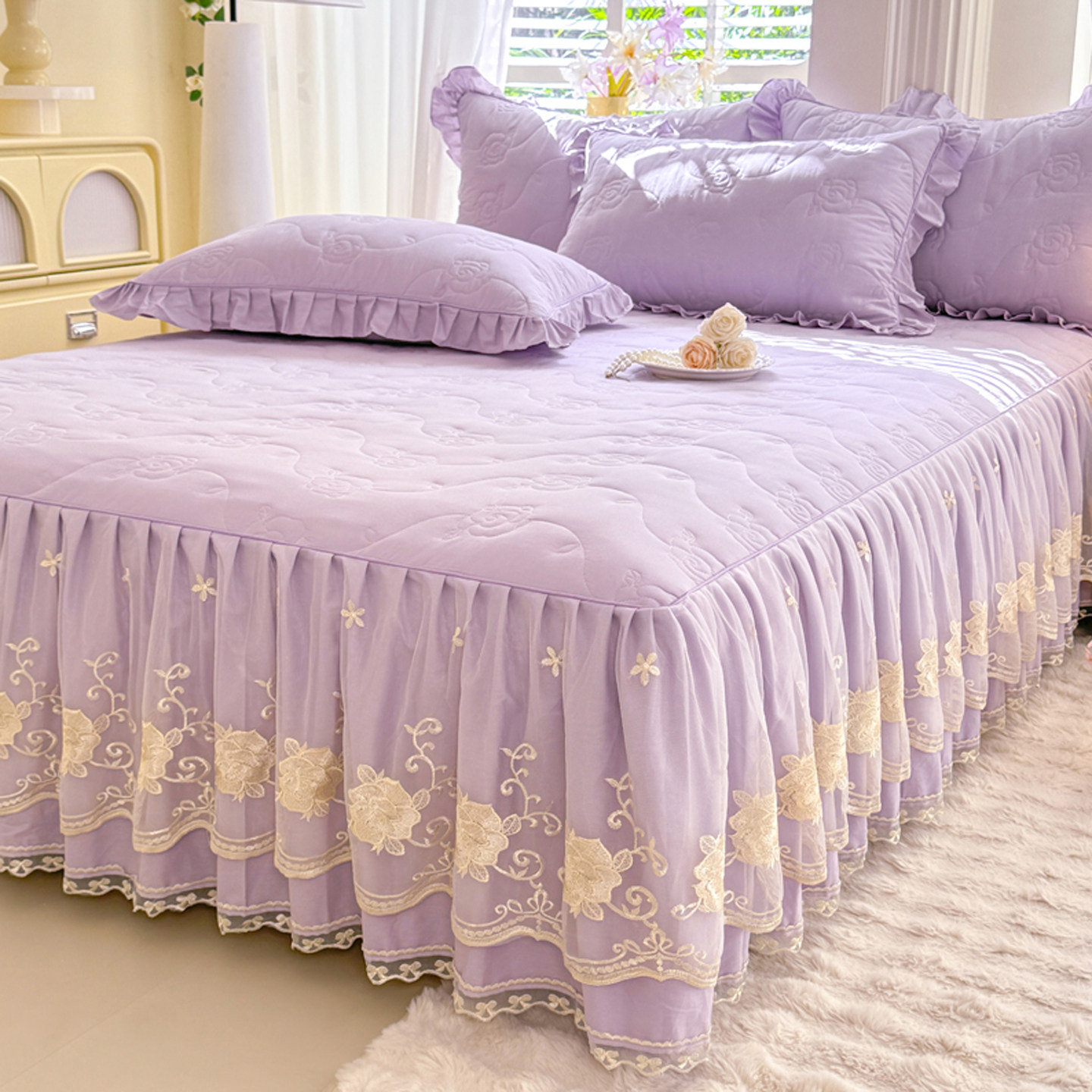 全棉夹棉床裙床罩单件纯棉紫色高级感公主风花边床单床围裙保护套