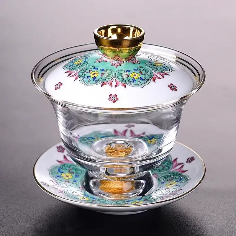 翰陌上品珐瑯彩盖碗高档臧金玻璃茶海家用沏茶碗敬茶杯创意泡茶器