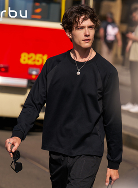 MrBu布先生廓形重磅长袖圆领男T恤衫插肩袖黑色拼料运动风KT16555