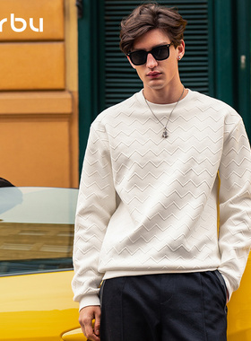 MrBu布先生圆领卫衣白色针织衫长袖T恤男士宽松上衣简约KT01916