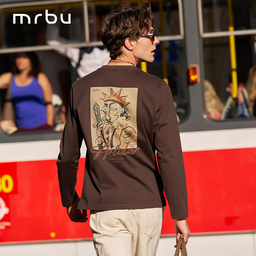 MrBu布先生长袖T恤男款纯棉咖色圆领后背印花时尚上衣KT16561断码