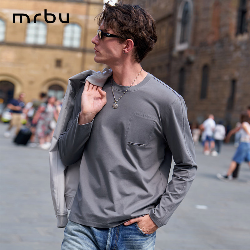 MrBu布先生灰色圆领长袖T恤男士时尚口袋设计感上衣新款KT17559