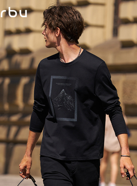 MrBu布先生秋冬长袖新款黑色雪山印花圆领T恤打底衫男款KT16553