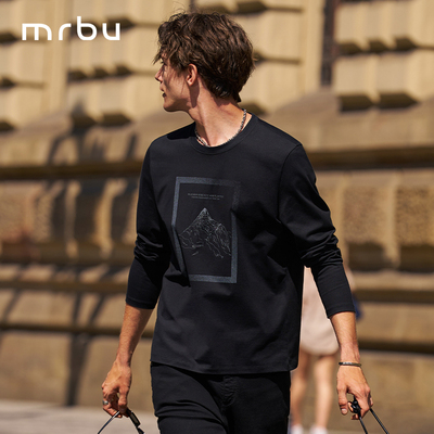 布先生新款黑色雪山印花圆领T恤