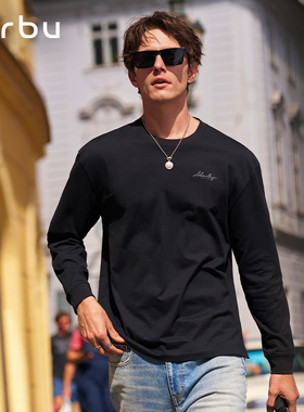 MrBu布先生简约字母印花宽松上衣圆领长袖T恤衫男士KT16559